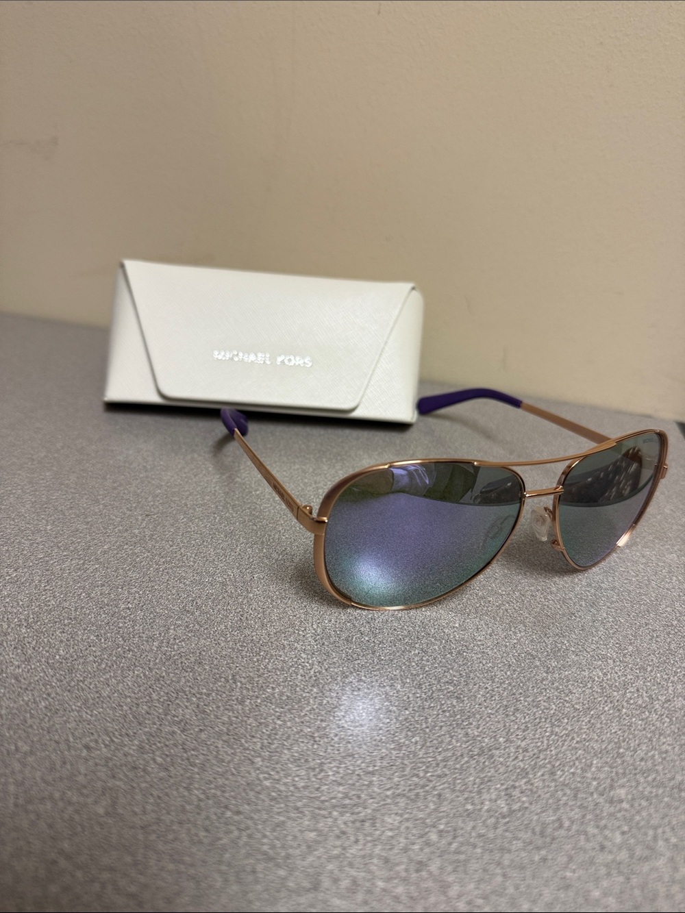 Michael Kors Rose Gold Aviator Sunglasses with Purple Temples